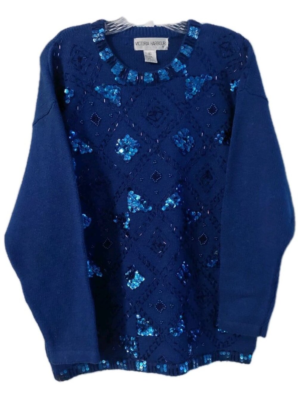 Victoria Harbour Blue Sweater Size XL Beaded Sequins Bows Diamond Pattern